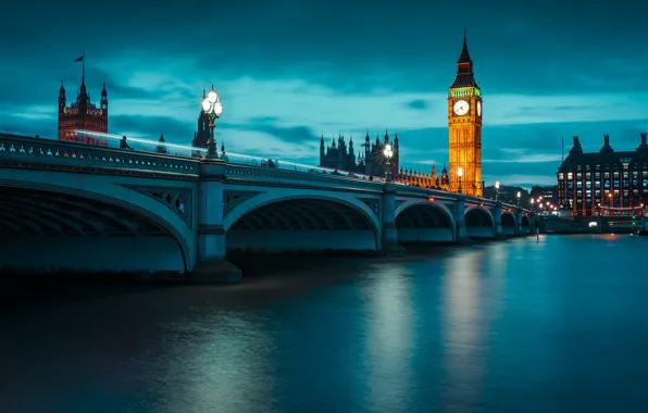 Night, bridge, England, London, Thames, big Ben