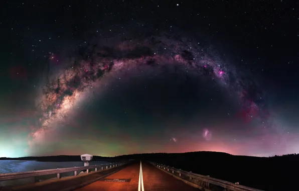 Road, the sky, stars, light, landscape, night, bridge, nature