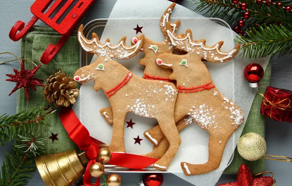 Toys, cookies, plate, New year, deer, cakes