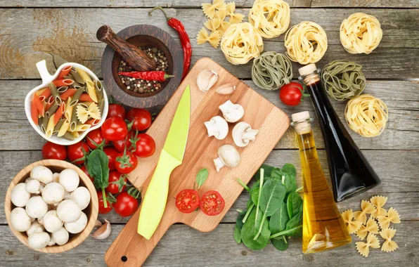 Mushrooms, oil, knife, Board, vegetables, tomatoes, pasta