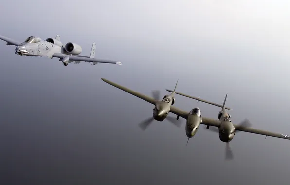 Picture flight, fighter, attack, Lightning, A-10, P-38, Thunderbolt II