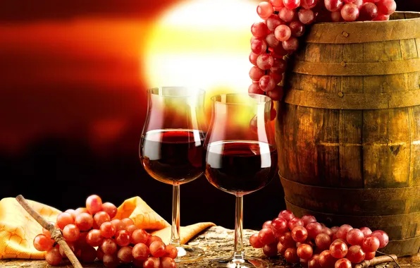 Picture sunset, red, background, wine, glasses, grapes, barrel