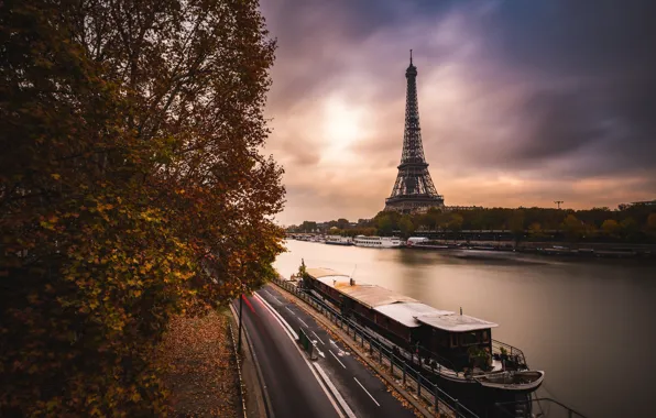 Picture road, autumn, clouds, the city, river, France, Paris, the evening