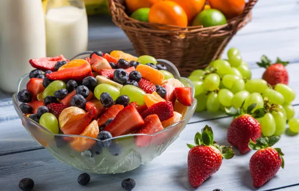 Picture blueberries, strawberry, grapes, dessert, fruit, strawberry, Mandarin, fruit salad