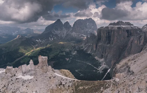 Forest, clouds, mountains, stones, rocks, view, height, haze