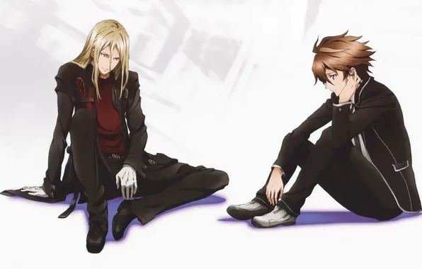 White background, school uniform, guilty crown, black cloak, two guys, guilty crown, shu ouma, gai …