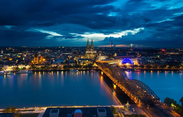 Bridge, lights, river, Germany, Cathedral, Cologne