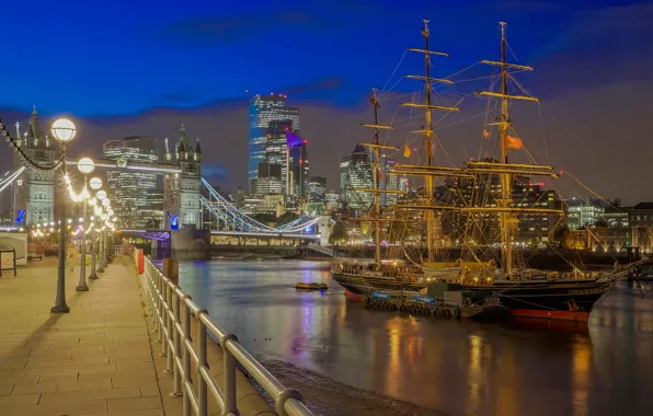 Picture bridge, river, ship, England, London, sailboat, lights, night city