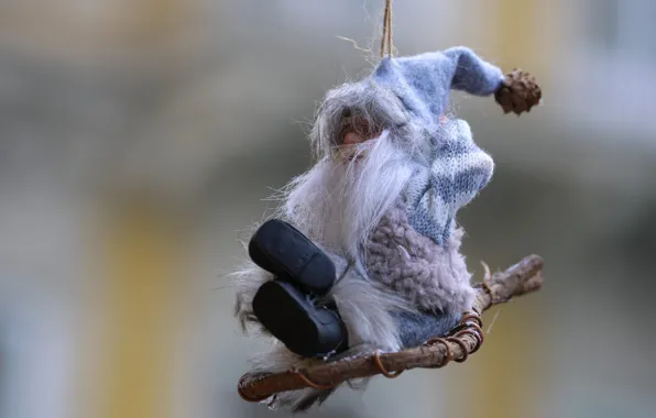 Toy, branch, boots, doll, Christmas, New year, beard, grey background