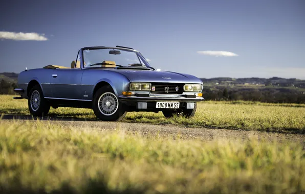 Road, grass, clouds, hills, convertible, blue sky, Peugeot 504