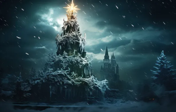 Winter, snow, night, the dark background, Christmas, New year, tree, herringbone