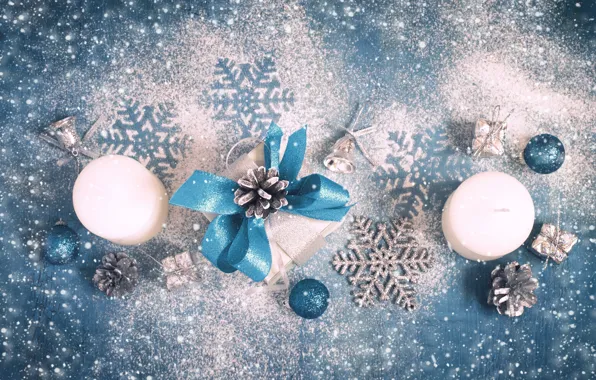 Picture snow, decoration, snowflakes, candles, New Year, Christmas, Christmas, wood