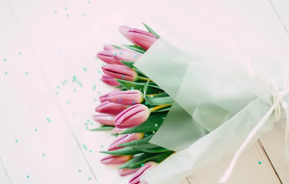 Flowers, paper, Board, bouquet, spring, tulips, pink, light background