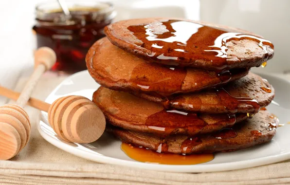 Food, Breakfast, honey, plate, pancakes, maple syrup