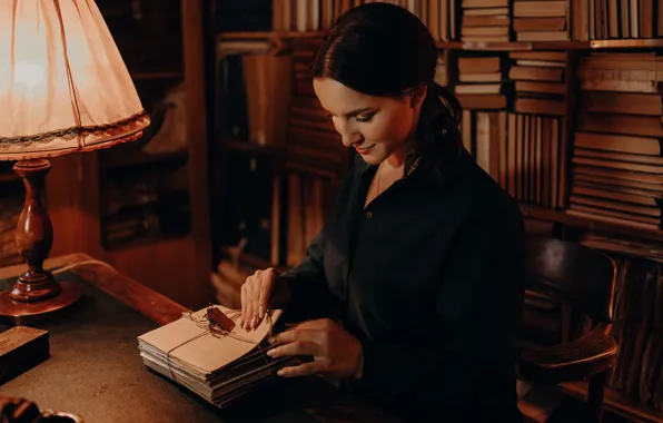 Picture girl, table, books, lamp, letters, Albina Ponomareva