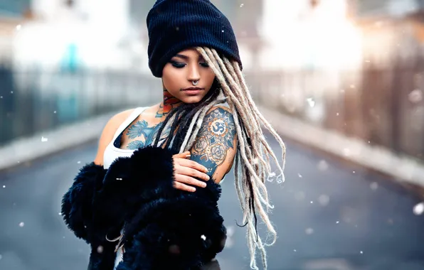 Picture girl, snow, piercing, tattoo, braids, Alessandro Di Cicco, Bad tiger