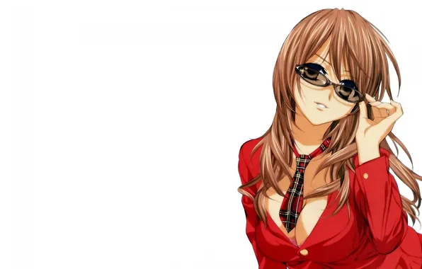 Picture girl, art, glasses, costume, tie, white background, in red, tenhiro naoto