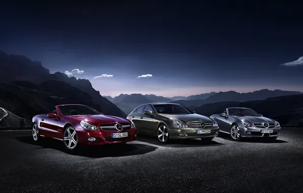 Picture the sky, mountains, twilight, mercedes-benz, slk, Mercedes, mixed, cls