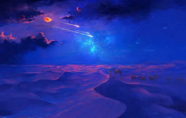Moon, sky, desert, eclipse, night, art, clouds, stars