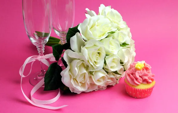White, flowers, photo, roses, bouquet, glasses, cake