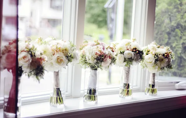 Roses, bouquet, vases, wedding