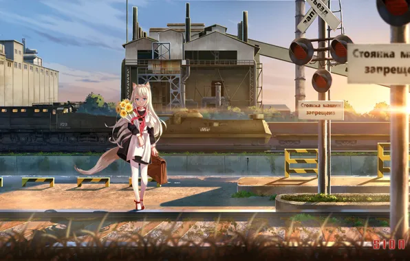 Girl, signs, railway station