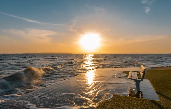 Sea, sunset, bench, Fleur Walton