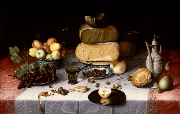 Food, picture, grapes, pitcher, Floris Claes van Dijk, Apple fruits, Still life with Cheese