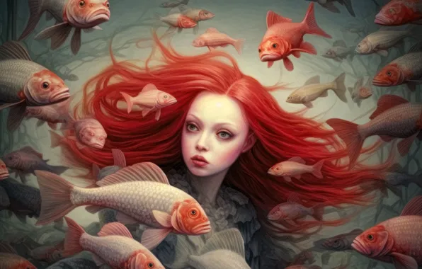 Sea, water, girl, fish, mermaid, tale, bathing, fantasy