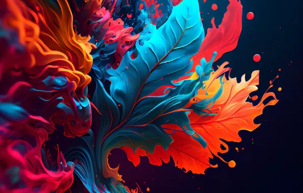 Leaves, drops, squirt, orange, blue, red, the dark background, paint