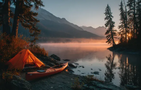 Mountains, fog, lake, shore, boat, morning, ate, tent