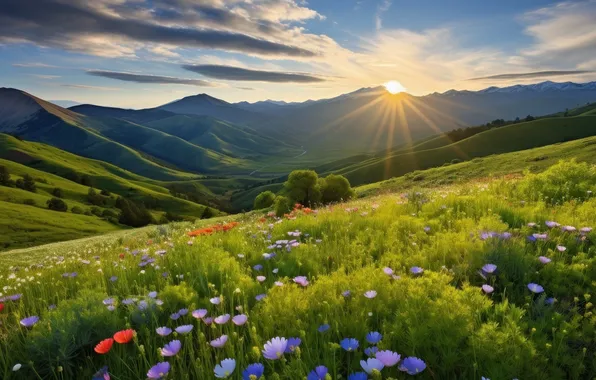 Greens, field, summer, the sky, grass, the sun, clouds, rays