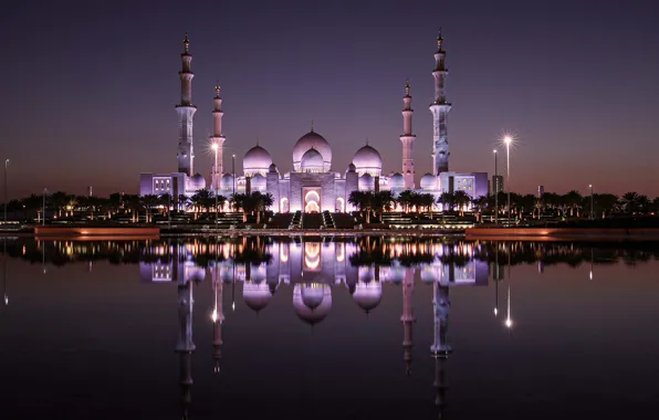 Picture water, night, reflection, backlight, tower, architecture, UAE, dome