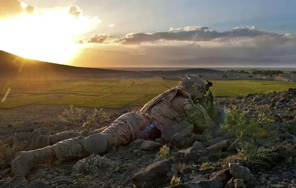 Gun, rock, soldier, sky, military, weapon, cloud, man