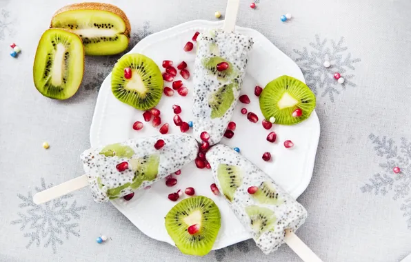 Snowflakes, table, kiwi, plate, ice cream, light background, Popsicle, slices