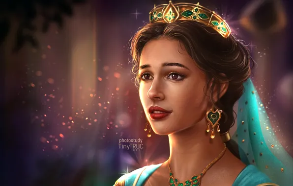 Picture look, girl, crown, Princess, Jasmine, Naomi Scott, TiNy Truc, Aladdin