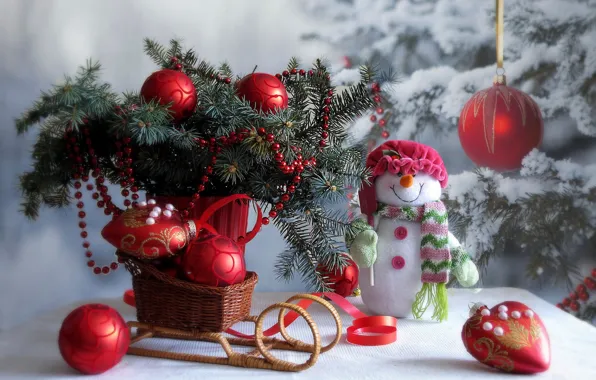 Picture winter, snow, decoration, branches, table, holiday, toys, new year