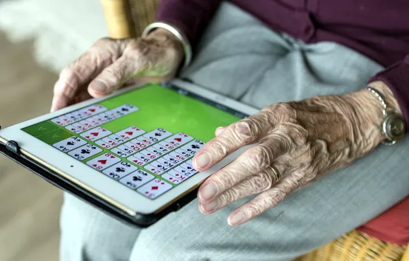 Card, the game, grandma, hands, tablet
