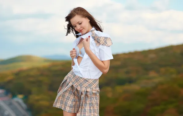 The sky, girl, clouds, smile, the wind, hills, skirt, tie