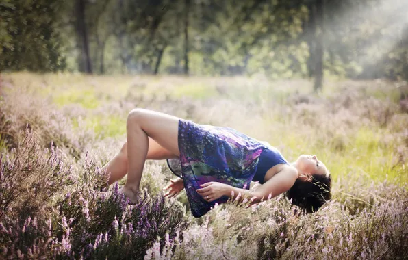 Field, girl, trees, flowers, brown hair, levitation