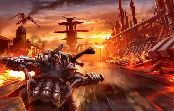 Picture road, the sky, sunset, the city, fire, speed, Dragon, motorcycle