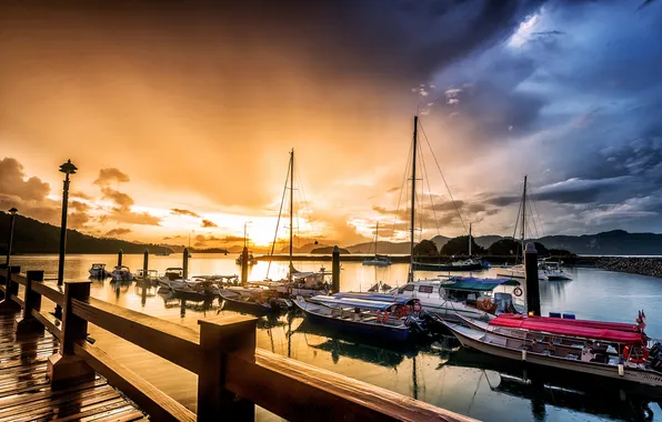Sea, sunset, boats, pier, sailboats