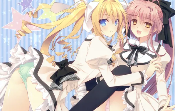 Bows, blue eyes, friend, ruffles, pink hair, two girls