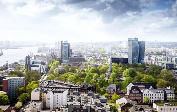 Picture the sky, the sun, Germany, Hamburg, clouds, trees, roofs, from St. Pauli and the harbour