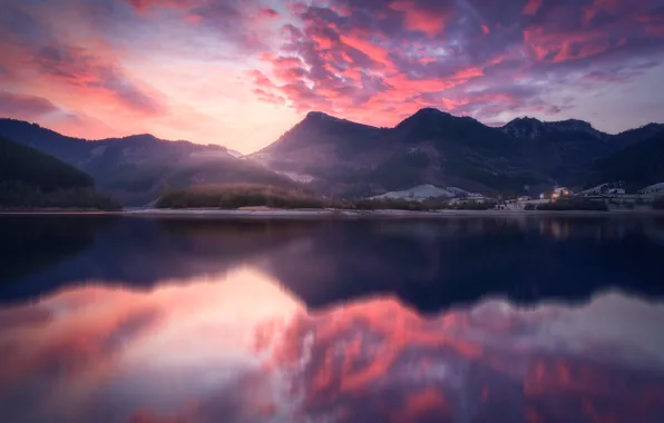 Sunset, mountains, reflection, dawn, shore, houses, pond, mirror