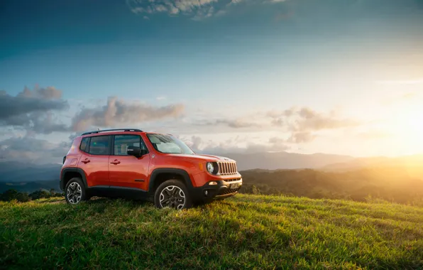 The sun, sunset, hill, Jeep, Trailhawk, Renegade