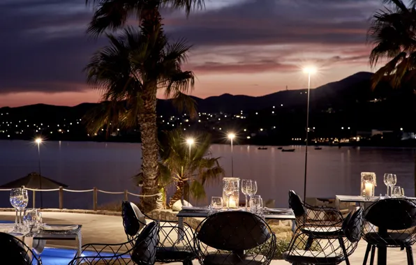 Sea, the city, lights, palm trees, Bay, the evening, pool, Greece