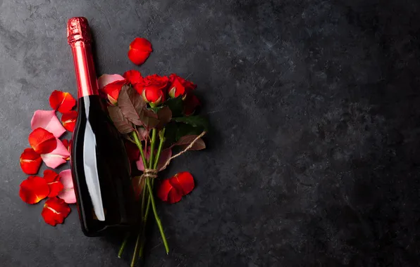 Love, flowers, gift, wine, romance, bottle, roses, love