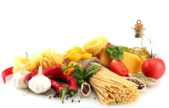Picture cheese, pepper, vegetables, tomatoes, pasta