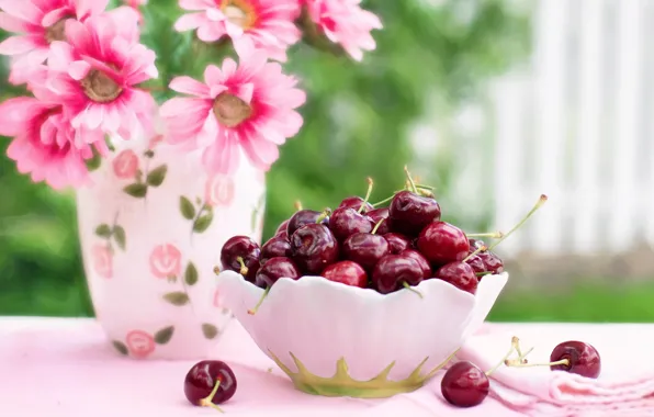 Picture summer, flowers, nature, berries, vase, bowl, cherry